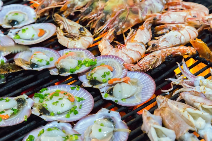 Barbecue Grill cooking seafood. background eat Restaurant