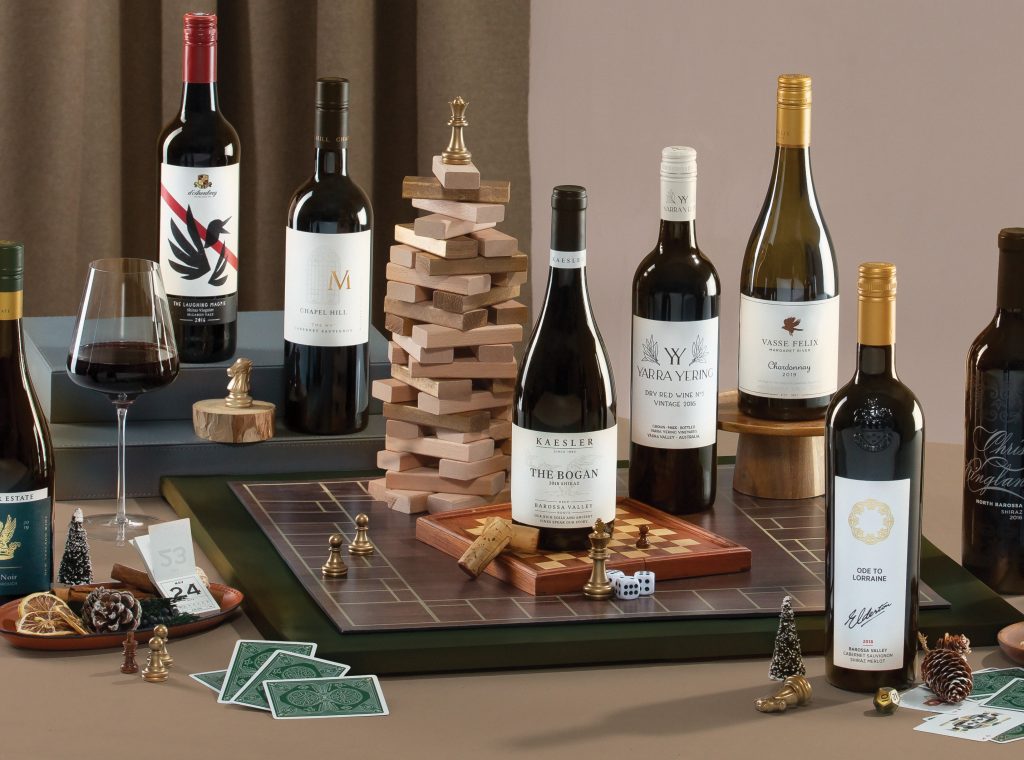 A sophisticated still life setup with an array of fine wines