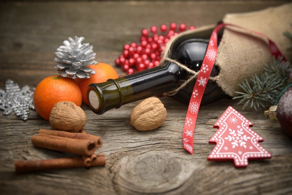 A red wine with Christmas decorations